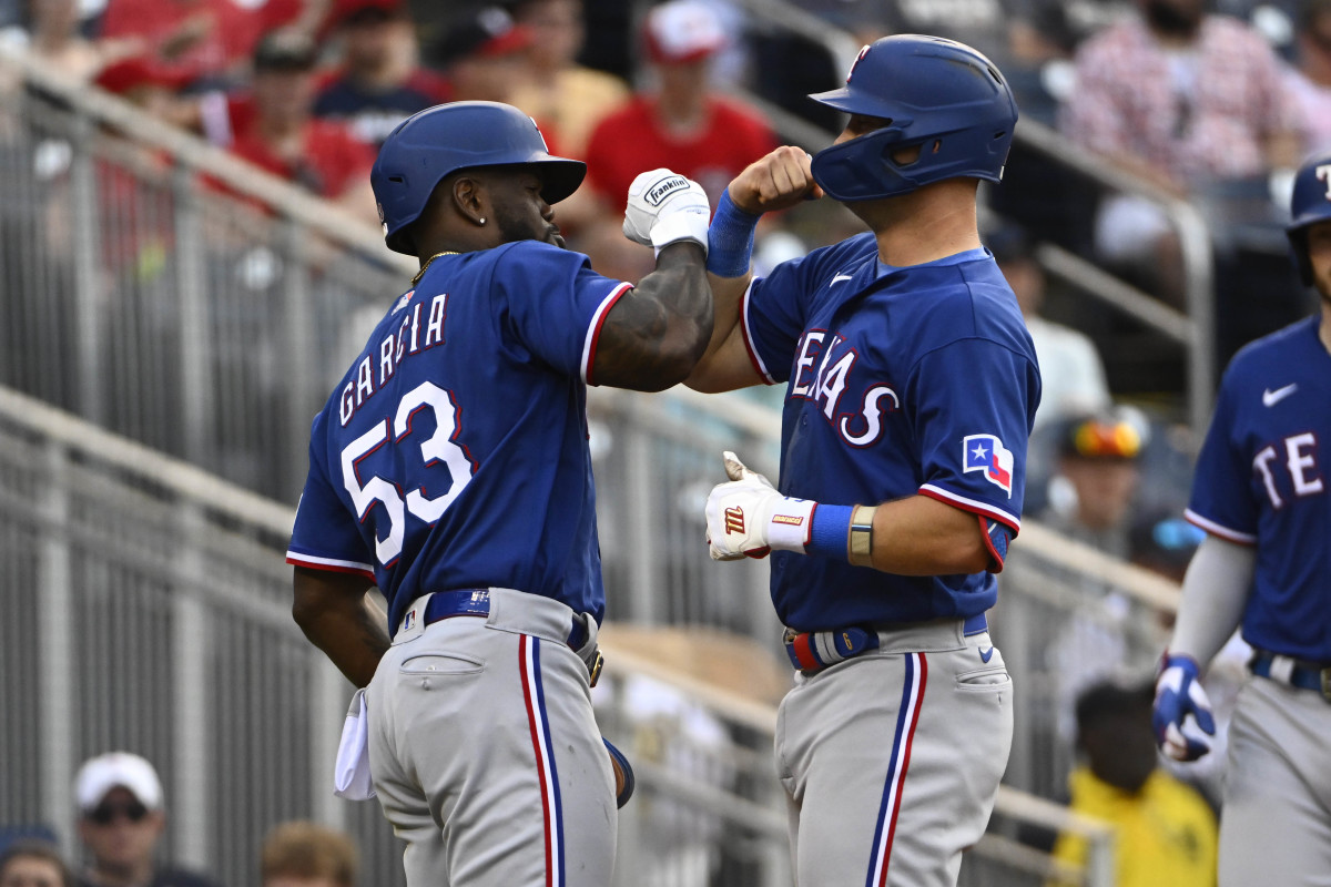 Jul 8, 2023; Washington, District of Columbia, USA; Texas Rangers third baseman Josh Jung (6) is congratulated by Texas Rangers right fielder Adolis Garcia (53) after hitting a two run home run against the Washington Nationals during the fourth inning at Nationals Park. Mandatory Credit: Brad Mills-USA TODAY Sports